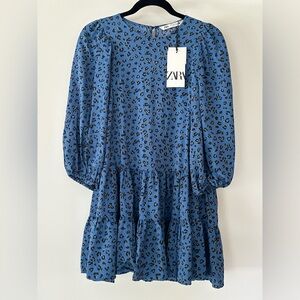 NEW Zara Helene Ruffle Mini Dress / Blue / Leopard Print / Puff Sleeve / XS